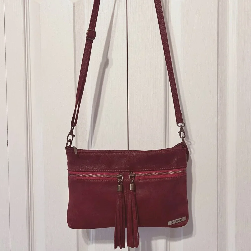 Borse In Pelle-Deines-Soft Calf Leather Crossbody Red Purse-Tassels-Adj Strap - Picture 4 of 15